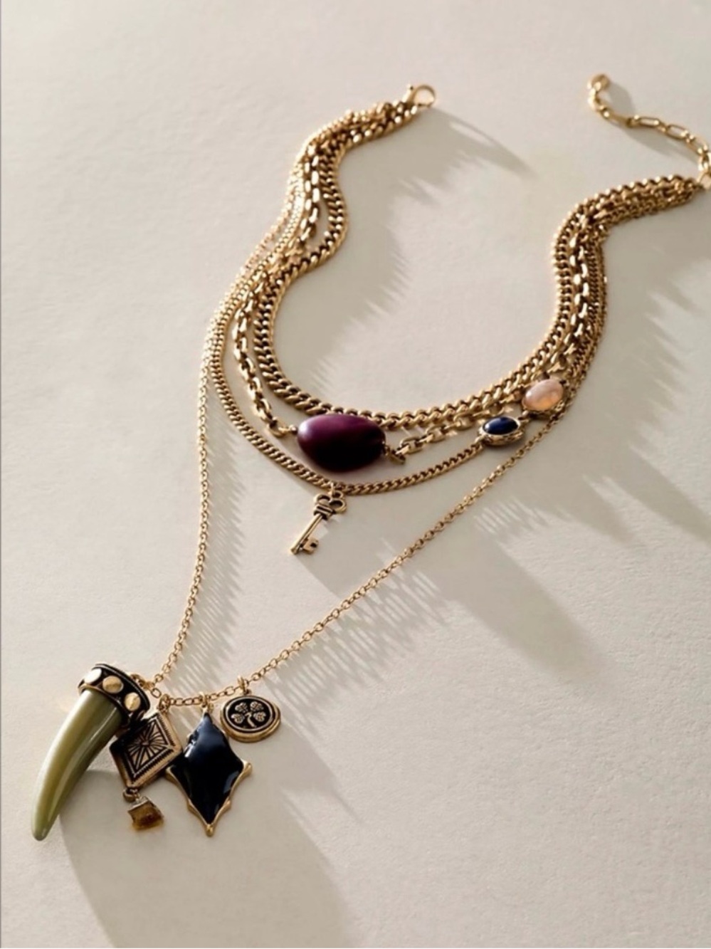 Gold Multi-Layer Charm Necklace with Purple and Olive Accents
